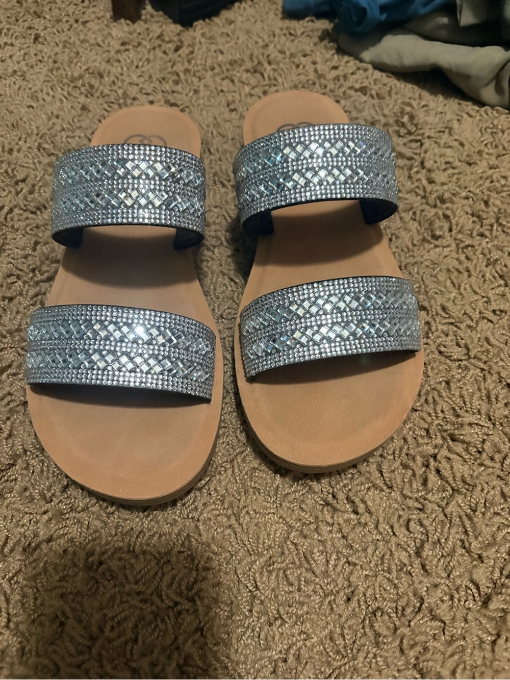 Daisy Fuentes Silver Rhinestone Double Strap Slide Sandals